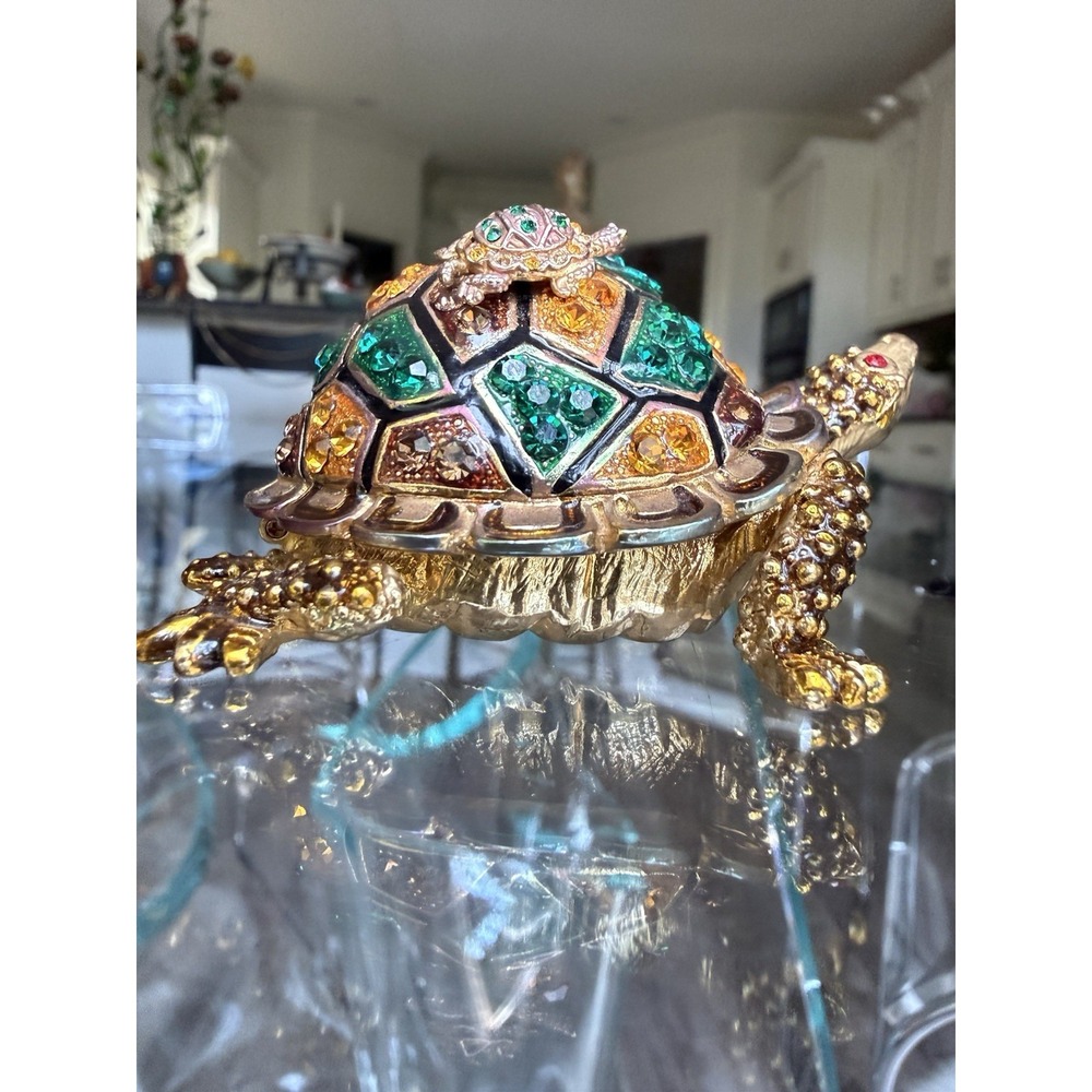 Jeweled Enamel Turtle Trinket Box Hinged Magnetic Pill Box Rhinestone Gold Tone